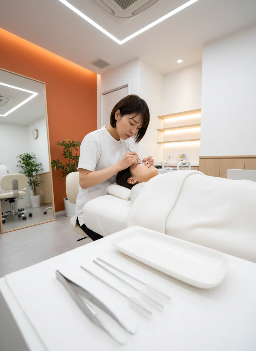 清潔に整えた施術ワゴンにツイーザー、まつ毛ブラシ、アイパッドを並べた手元の接写